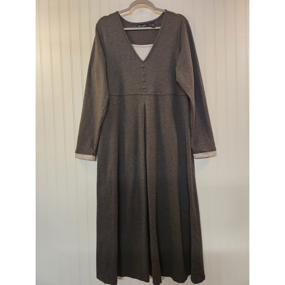 Denim & Co Womens Gray Cotton Spandex V-Neck Maxi Dress Large Casual Comfort